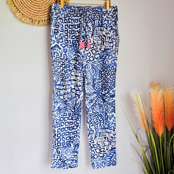 Lilly Pulitzer, New, Aden Linen Tassel Ankle Pants Indigo Home Slice SZ Small - Picture 2 of 11